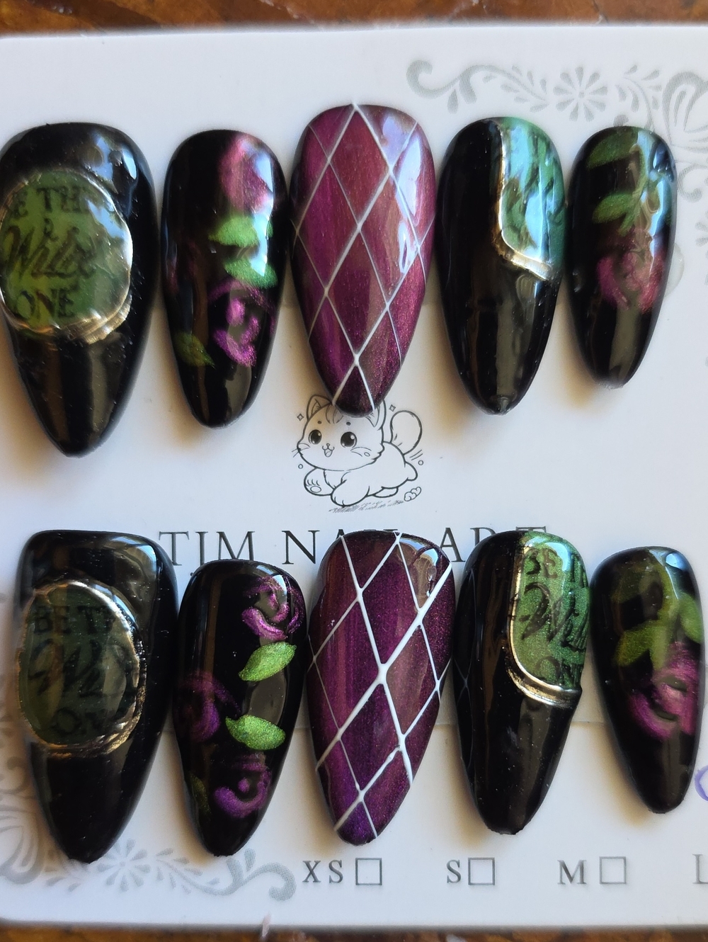 Hand-Painted Black and Purple Nail Art Set Size Large